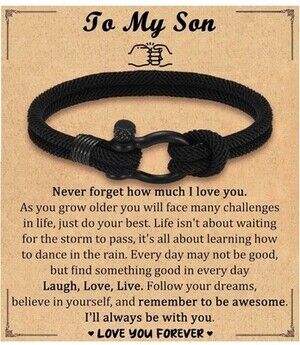 Black Braided Rope Bracelet Adjustable Stainless Steel Buckle 7.5" Love Son Gift